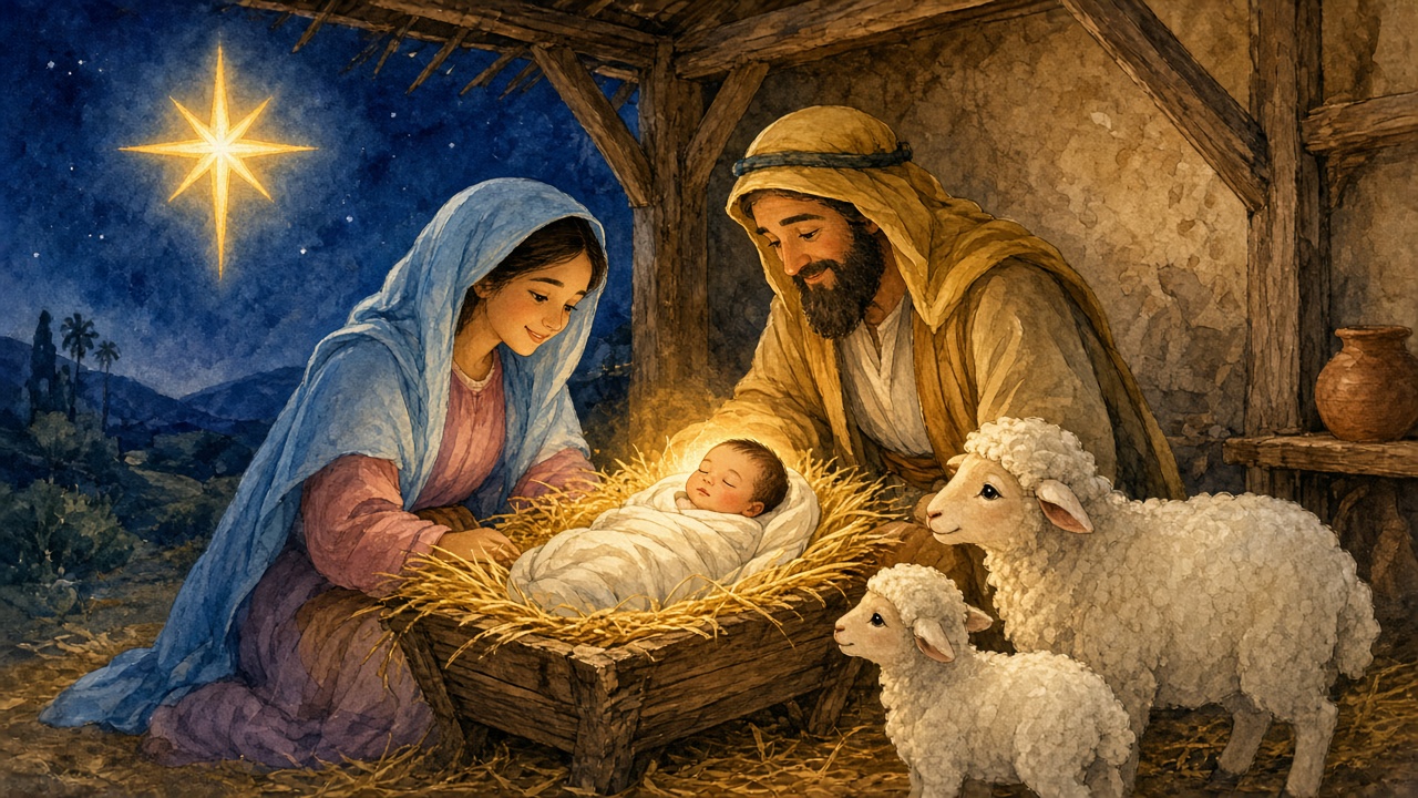 Style 1 sample: soft watercolor storybook nativity scene