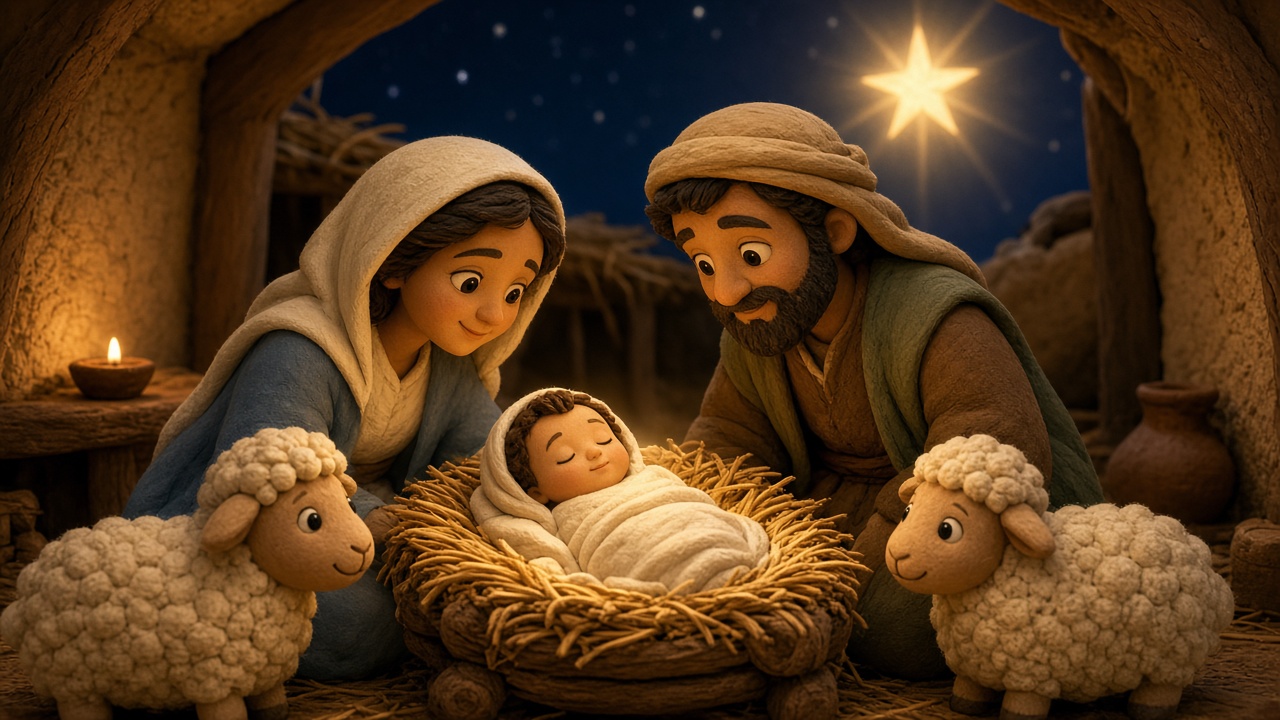 Style 3 sample: soft 3D clay cartoon nativity scene