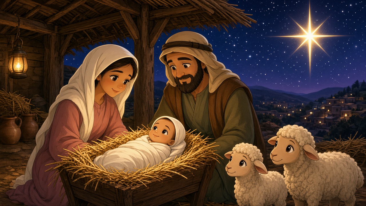 Style 4 sample: gentle animated storybook nativity scene